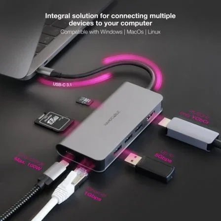 Nano Cable 10.16.4609 Hub USB-C 8 en 1 - 3xUSB 3.0, HDMI 4K 60Hz, Puerto PD 100W, RJ45 Gigabit, Lector de Tarjetas SD/TF, Color Gris